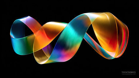 An abstract artwork features a swirling ribbon of vibrant colors against a stark black background. The design incorporates smooth gradients and high contrast, enhancing a modern aesthetic. Suitable for various applications, it could be used for graphic design projects or visual elements in marketing and advertising campaigns.の素材