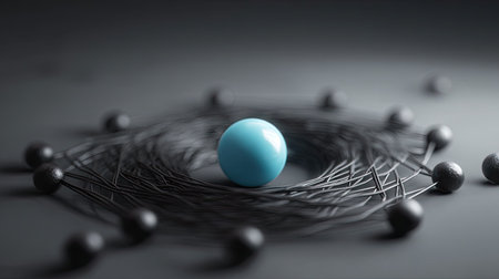 A single, vibrant blue sphere is the focal point, encircled by a series of dark lines and smaller spheres. The composition utilizes a shallow depth of field, with soft lighting enhancing the textures. This conceptual piece may be suitable for illustrating themes of connection, technology, or creative design in various contexts.の素材