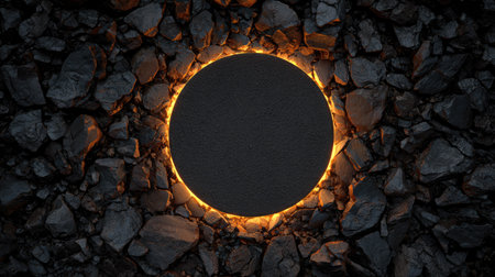 An abstract composition features a dark circular element with a glowing edge, set against a backdrop of rough, textured stones. The image showcases warm lighting and high contrast. Its design offers potential applications for various creative and commercial projects, including visual concepts.の素材