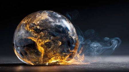 An image depicts a planet Earth engulfed in flames and emitting smoke against a dark backdrop. The composition features a conceptual representation with striking visual contrast. Colors include shades of gold, blue, and black, enhanced by dramatic lighting. Suitable for environmental concerns or disaster concepts, and commercial use.の素材