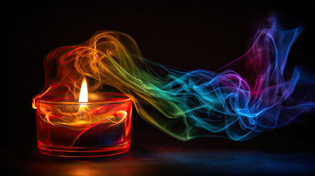 A lit candle emits vibrant, multicolored smoke trails against a dark backdrop. The composition showcases a close-up perspective of the candle's flame and the dynamic flow of the smoke. This image captures a contrast of light and shadow, suitable for various design projects and editorial content.の素材