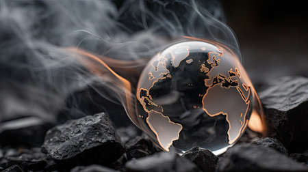 A glass globe, illuminated with a map of the world, is engulfed in flames and smoke. The composition presents dark textures with hints of orange and white light, suggesting a night or dim setting. This image is suitable for illustrating themes related to environmental concerns and climate change in various media.の素材