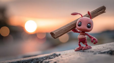 A whimsical cartoon ant figure, rendered in shades of red, balances a piece of wood on its shoulder. The image is set against a blurred background of a sunset sky, featuring warm orange and yellow hues. This vibrant composition suggests outdoor lighting and could be suitable for various creative or illustrative projects.の素材