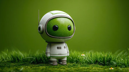 A cartoon astronaut character is depicted standing in a grassy area with a solid green backdrop. The image features bright, soft lighting and a focus on the central subject. This whimsical scene may be suitable for various creative projects, including children's books, educational materials, and website design elements.の素材