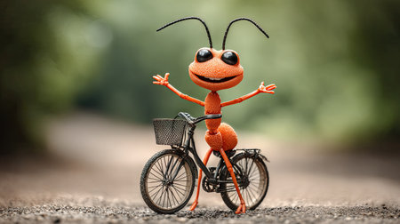 A cartoon ant joyfully rides a bicycle, its arms wide in a welcoming gesture. The image presents vibrant orange hues against a blurred natural backdrop, possibly representing an outdoor setting. The composition is brightly lit, emphasizing the character's cheerful demeanor. Suitable for various creative and promotional projects.の素材