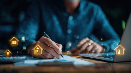 An individual is depicted working on a document, with a pen in hand, alongside a laptop. The scene includes the visual addition of floating, illuminated house icons. The image is composed in a low-light environment, with a shallow depth of field, and could be utilized for various financial and design-related purposes.の素材