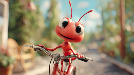 An animated red ant enjoys a bicycle ride on a sunny day. The cartoon character is depicted with large eyes and a friendly expression. The scene is brightly lit with a blurred background suggesting an outdoor environment. This image could be used for advertising or illustrative purposes.の素材
