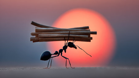 An ant is depicted carrying a bundle of wooden sticks, silhouetted against a large, orange sun. The image showcases a macro perspective, emphasizing the insect's effort and dedication. The composition suggests an outdoor environment, possibly during dusk. Suitable for illustrations about perseverance or teamwork.の素材