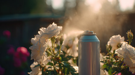 An aerosol spray releases a vapor near white roses in an outdoor setting. The image features a shallow depth of field, with soft lighting and a blurred background of greenery and other flowers. The scene evokes freshness and purity, suitable for commercial or editorial applications related to fragrance or nature.の素材