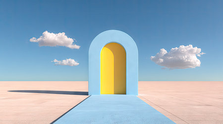 An open archway stands on a pathway under a clear blue sky, flanked by fluffy white clouds. The scene features a minimalist style with pastel colors. The composition suggests a sense of openness and possibility, suitable for various creative or conceptual projects, as well as editorial purposes.の素材