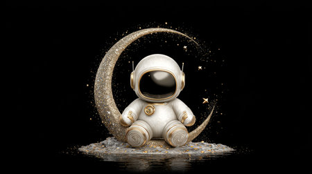 An astronaut figure sits on a golden crescent moon, rendered against a black backdrop. The image features soft lighting and a cartoon-like style. The composition suggests a night setting with a focus on space exploration. Suitable for designs related to dreams, space travel, or artistic projects.の素材