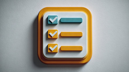 This image features a 3D rendered checklist icon with colored checkmarks and horizontal bars. The composition displays a top-down view with soft lighting and a neutral background. The design elements suggest a concept of tasks, organization, and planning. Suitable for digital marketing, business presentations, or educational materials.の素材