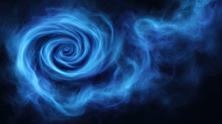 An abstract illustration presents a swirling blue smoke pattern against a dark backdrop. The composition features a dynamic spiral with soft edges and gradients. This image's visual elements evoke depth and movement. Suitable for a range of creative and editorial applications, it can be used for various design projects.の素材