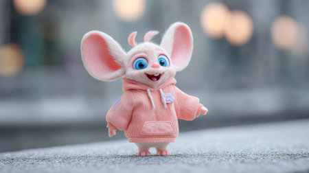 A cheerful cartoon character with large ears and blue eyes is shown wearing a pink hoodie. The creature is depicted with soft textures and bright colors, standing in a shallow depth of field. This image could be used for advertising, children's content or other creative projects. The background has a blurry out-of-focus appearance.の素材