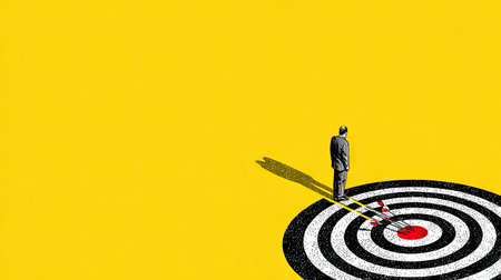 A businessman stands near a bullseye target with a dart, showcasing goal achievement. The image features a bright yellow background with contrasting black and white target rings and a shadow. This visually striking composition could be suitable for business, marketing, or success-related themes, adaptable for various editorial uses.の素材