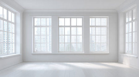 An empty interior space is illuminated by daylight streaming through large windows. Sheer curtains soften the light, contributing to the clean and minimalist aesthetic. The image exhibits a monochromatic color palette, creating a sense of spaciousness. Suitable for presentations on design, architecture, or concepts of space.の素材
