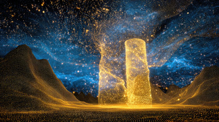 An abstract digital artwork features two glowing pillars rising from a textured ground. The scene showcases a dynamic composition with undulating forms and a celestial background. The color palette emphasizes gold, blue, and brown tones, suggesting an otherworldly environment. This image is suitable for various commercial uses, including website design and editorial content.の素材