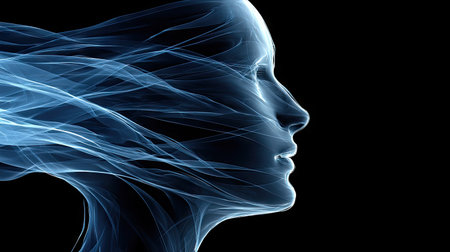 This image presents a digital artwork of a woman's profile, created with flowing, ethereal lines in shades of blue. The silhouette is set against a stark black backdrop. The style is modern and abstract, with a focus on light and form. Suitable for various design projects and visual concepts.の素材
