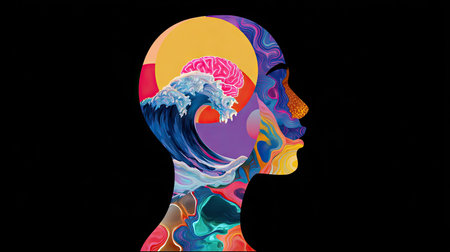 An artistic representation of a human profile featuring vibrant colors and symbolic elements. Inside the head, a wave, sun, and a representation of a brain are visible. The composition uses bright colors and textures against a dark background, suggesting a concept relating to thought, creativity, and the mind. It is suitable for various commercial uses.の素材