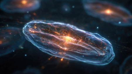An artistic rendering presents a luminous cell-like structure featuring a radiant core. Its translucent form is highlighted by a blend of blues and oranges, suggesting an internal energy source. This composition utilizes a digital style, with a shallow depth of field, suitable for scientific or educational material, or for use in technology-related concepts.の素材