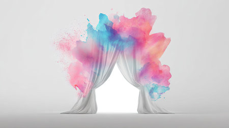 An artistic image presents white curtains against a backdrop of colorful, exploding powder. The composition features soft lighting and smooth textures. It suggests a creative or conceptual theme, suitable for use in design, marketing, or advertising projects. The abstract quality makes it adaptable for various commercial applications.の素材