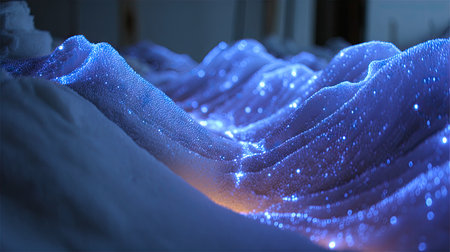An abstract visual showcases a landscape with undulating forms illuminated by vibrant blue light. The image displays a close-up perspective, highlighting textured surfaces and sparking effects. This artwork suggests an imaginative concept, perfect for digital art projects or commercial applications. The composition emphasizes texture, light, and form, providing various options for creative use.の素材