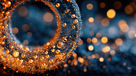 An abstract image features a ring-shaped form embellished with small golden spheres, set against a dark, blurred backdrop. The composition showcases a bokeh effect and rich textures, enhancing the visual depth. Suitable for various design applications, the image could serve editorial or commercial purposes with its artistic presentation.の素材