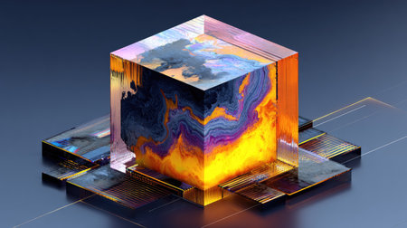 An artistic rendering features a transparent cube with an intricate, colorful interior. The design showcases vibrant hues like orange, yellow, and blue, suggesting depth and dimension. The cube rests on a technological-looking platform with reflective surfaces. It is suitable for commercial uses in design and technology.の素材