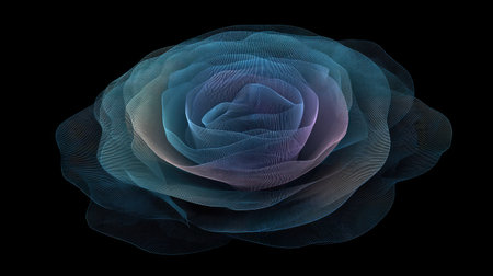 A digital artwork displays a translucent rose against a black background. The flower presents shades of blue, purple, and beige. Its petals appear delicate, conveying an ethereal quality. The composition, style, and use of color create a visually striking effect. Suitable for various creative and design projects.の素材