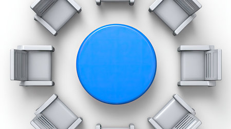 This abstract illustration features multiple chairs arranged in a circular formation around a central blue circle. The chairs exhibit a consistent design and are primarily white with a subtle shadow effect. The composition is clean, modern, and suggests a collaborative or organizational context. The image could be used for business presentations or design templates.の素材