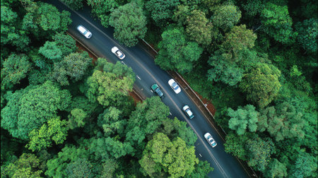 An overhead perspective reveals a road weaving through a vibrant forest. Several vehicles traverse the asphalt. The composition highlights dense, green foliage and the linear path of the road. Ideal for illustrating travel, nature, or environmental concepts. Suitable for various commercial and editorial applications.の素材