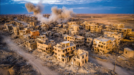 An aerial perspective captures a devastated urban landscape, showcasing damaged buildings and plumes of smoke against a dusky sky. The composition emphasizes a scene of destruction, with a muted color palette. Suitable for illustrating themes related to war, disaster, or conflict. The image may be used for editorial purposes.の素材