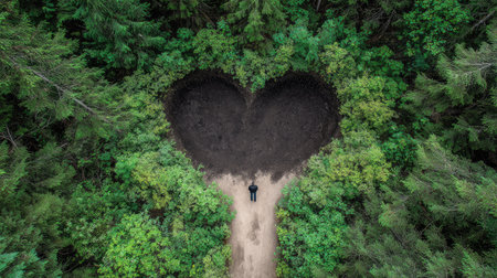 An overhead view reveals a heart-shaped earth formation surrounded by dense green foliage. The composition features a symmetrical arrangement, with a path leading to the heart. The vibrant greens contrast with the dark formation. This imagery can be used for various commercial or editorial purposes.の素材