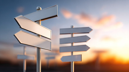 The image showcases multiple blank signposts with arrow-shaped signs. They are set against a blurred background with a gradient sky of warm colors. The composition utilizes selective focus, creating depth. This visual could be used to illustrate concepts such as choice, direction, and decision-making in various commercial or editorial applications.の素材