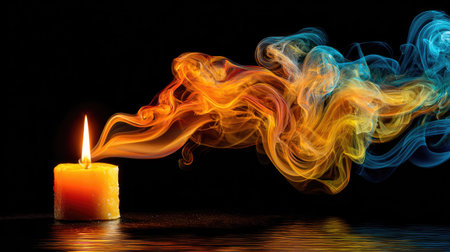 A lit candle emits colorful smoke trails in this image. The vibrant orange and blue smoke creates a visually striking contrast against a dark background. The scene suggests a contemplative mood, enhanced by the soft lighting. Suitable for artistic projects, design, or conceptual applications.の素材