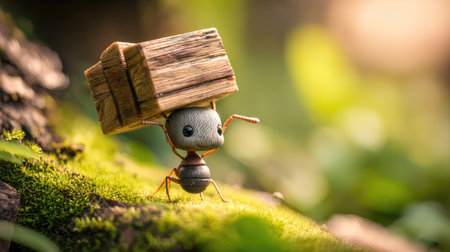 A cartoon ant balances a wooden block atop its head while traversing a lush, mossy surface. Warm sunlight bathes the scene, highlighting the texture of the moss and wood. The artistic rendering suggests a focus on diligence and strength. Suitable for use in various visual projects, including educational and promotional materials.の素材