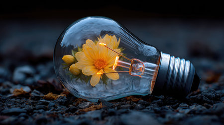 An illuminated lightbulb contains a yellow flower with a blurred dark backdrop. The composition features a shallow depth of field, highlighting the intricate details of the flower. This photograph could be utilized for various purposes, including creative concepts, editorial illustrations, and visual elements in a variety of design projects.の素材