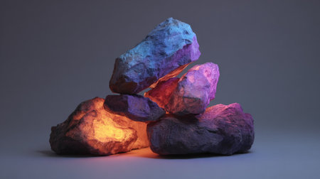 An artistic composition features a collection of illuminated rocks, showcasing a spectrum of colors. The objects have rough textures and are arranged in a dynamic manner. The lighting creates a gradient effect, with a balanced composition. Suitable for various creative projects and visual communication.の素材