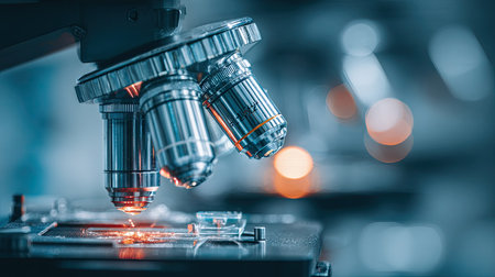 A detailed image captures a microscope in a laboratory environment. The composition features cool blues and warm orange hues, highlighting the metallic components. It may be suitable for illustrating scientific research, medical studies, or educational content. The soft focus in the background provides depth.の素材