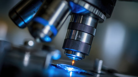 This image presents a close-up view of a microscope, featuring intricate metal components and soft blue illumination. The composition highlights the instrument's design, suggesting precision and scientific investigation. Suitable for various applications, it could be used to illustrate advancements in science, research, and technical developments.の素材