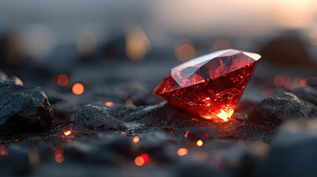 The image features a close-up of a vibrant red gemstone resting on a dark, textured surface. The lighting emphasizes the gem's brilliance with soft, warm highlights. The composition suggests a natural outdoor setting, possibly at dusk. This image could be suitable for various commercial or editorial applications.の素材