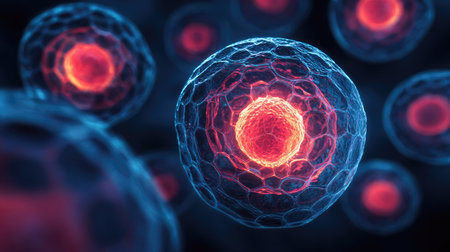 This image presents several cells, each with a vibrant, illuminated nucleus. The cells are rendered with blue and red tones, exhibiting a three-dimensional effect. The composition suggests a biological or scientific context. It could be used in educational material, medical presentations, or other visual projects needing detailed cellular representation.の素材