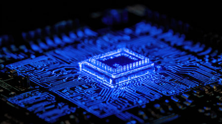 An overhead view reveals a glowing central processing unit (CPU) at the heart of a circuit board. The image is dominated by vibrant blue hues, creating a futuristic aesthetic. This technology-focused image could be used in projects related to data processing, hardware, or modern technology.の素材