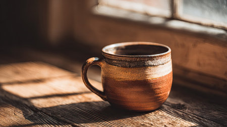 A ceramic mug rests on a wooden surface, positioned near a window. The image showcases warm, earthy tones with detailed texture. Sunlight streams through the window, illuminating the scene and casting shadows. Suitable for use in lifestyle or commercial applications such as marketing or editorial content.の素材