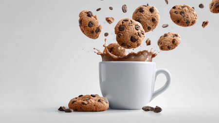 Chocolate chip cookies cascade into a white coffee cup filled with liquid. The image presents a clean and bright aesthetic, featuring soft lighting and a neutral background. This composition showcases a studio-style arrangement. Suitable for use in various advertising and editorial projects related to food and beverage themes.の素材