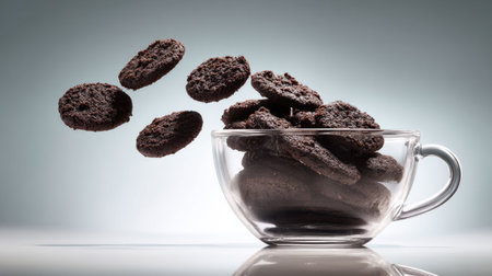 This image features a collection of chocolate cookies seemingly suspended in mid-air above a clear glass cup. The cookies present a textured surface and dark brown color, contrasting with the light gray backdrop. The composition suggests motion and emphasizes the cookies' form, potentially suitable for advertising campaigns or editorial content.の素材
