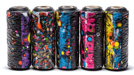 Five AAA batteries are arranged closely, displayed against a stark white backdrop. Each battery is wrapped with distinct, vibrant patterns of splattered paint, featuring a mix of colors. The composition is brightly lit, showcasing the textures and details, suitable for various design and commercial projects.の素材