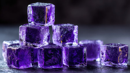 The image presents several crystalline purple cubes stacked against a dark background. The arrangement creates a visual structure, illuminated with dramatic lighting that accentuates the texture and color. This style of photography could be useful for advertising or illustrating concepts of geometry, abstract shapes or design.の素材