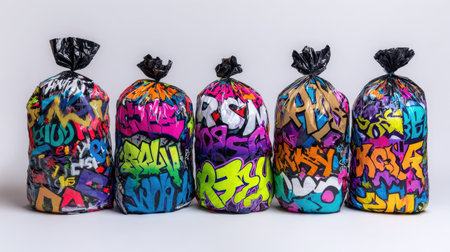 Five waste bags are displayed, each adorned with vibrant graffiti art. The colorful compositions feature various shapes and letter forms set against a white backdrop. The bags' dark ties create contrast. This image could be used for various design, marketing, or illustrative projects.の素材