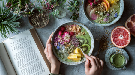 An overhead shot presents colorful food bowls filled with various fruits and vegetables. The composition includes vibrant colors and textures, suggesting a healthy meal. The scene implies an indoor setting with natural light, suitable for food-related projects and commercial usage. A book and drinks are alongside.の素材